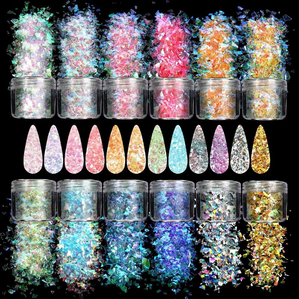 12 Colors Mermaid Nail Chunky Glitter Ultra-Thin Fluorescent Glass Paper